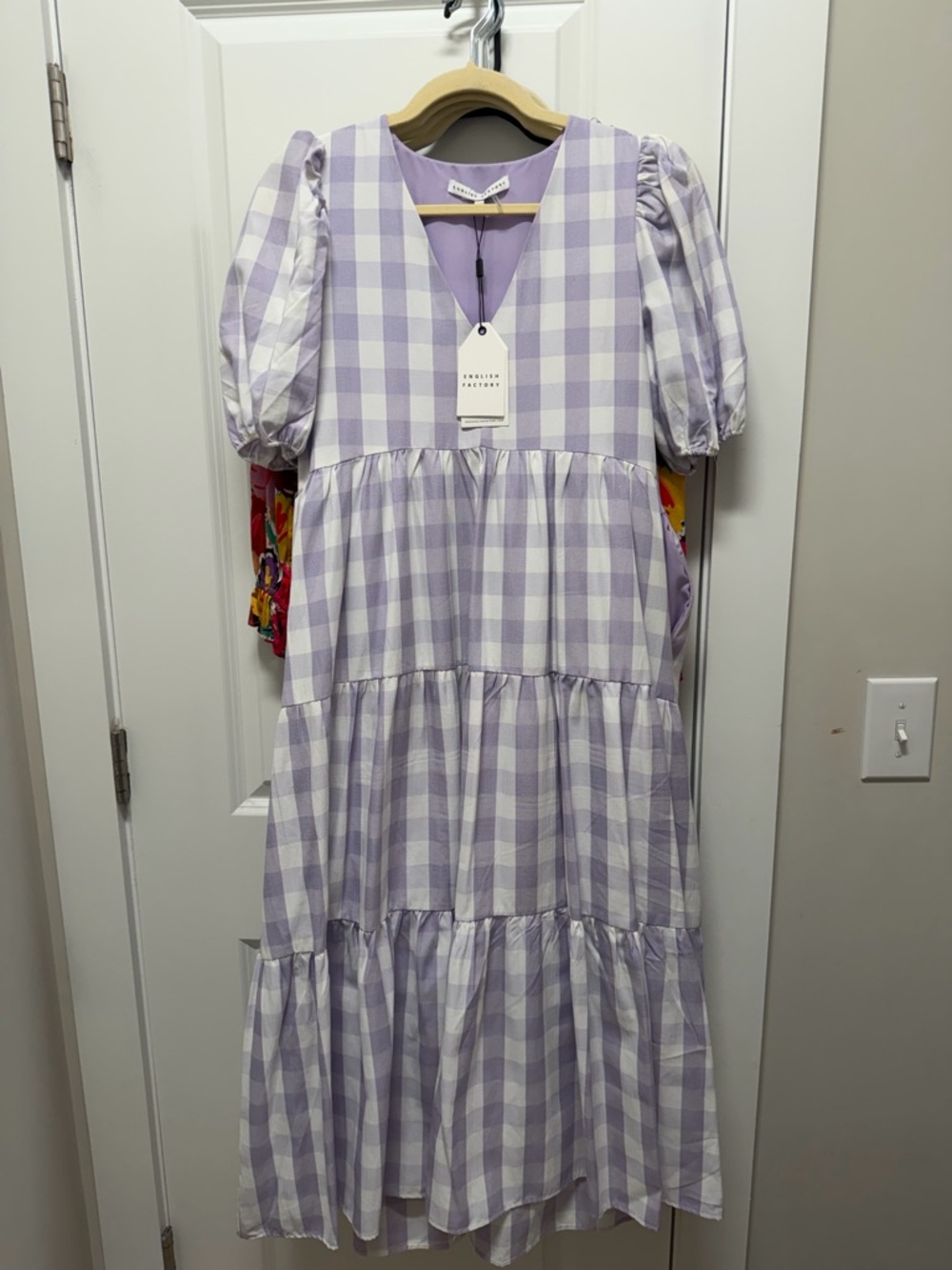 Lavender Gingham Tiered Puff-Sleeve Dress